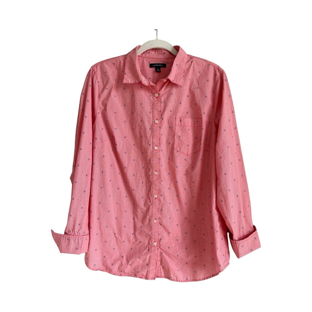 Lands' End Coastal‎ Preppy Red Blue Gingham Anchor Button Down Shirt Women's 14